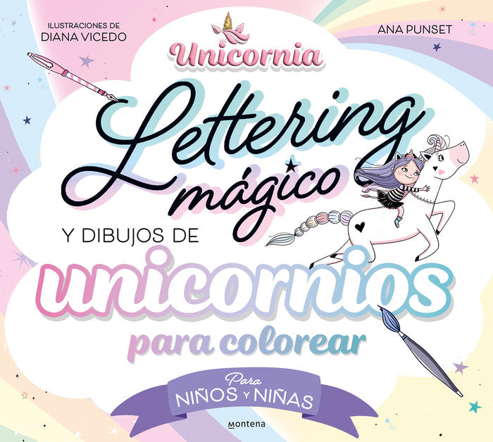 Lettering mágico y dibujos de unicornio para colorear