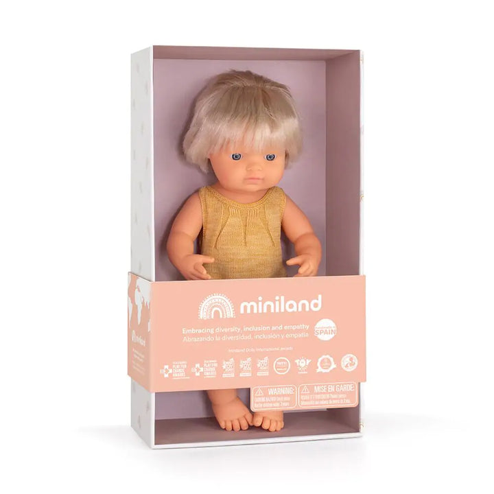 Muñeca caucásica implante coclear 38 cm Pelele ocre · Miniland - Bizcocho de Yogur