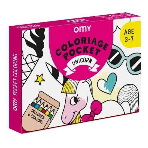 Pocket OMY Unicornio para colorear + 6 lápices colores - Bizcocho de Yogur